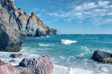 Fototapeta na wymiar Rocky Black Sea Coast, Jasper Beach, Cape Fiolent, Sevastopol, Crimea, Russia