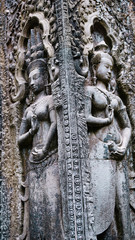 Close-up of stone carving at one of the temples in Angkor Wat, which relates to Hindu mythology and bearing Khmer architectural styles. (Angkor Wat, UNESCO World Heritage, Siem Reap, Cambodia)