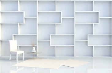 Empty white room decor with shelves wall, tile floor, carpet, branch. 3D render.