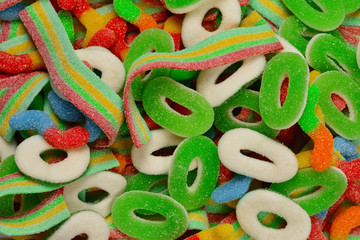 Assorted gummy candies. Top view. Jelly  sweets.