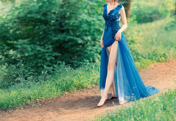 mystic story of mermaid in love with legs, deal with evil witch. blue long heavenly divine dress. gentle angel, creative water colors, lady lifted hem of gown and showed bare sexy legs, without face
