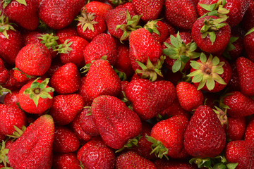 Strawberry. Fresh berries macro. Fruit background. Top view.
