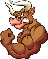 Strong brown bull mascot flexing arm clip art. Vector illustration with simple gradients. All in a single layer. 