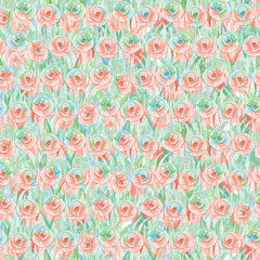 Seamless pattern of poppies on the grass. Pastel background in the form of a flower glade. Hand drawn watercolor illustration.
