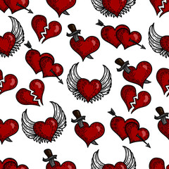 Vector hand drawn colorful seamless pattern of pop art hearts.Brocken heart, two hearts with arrow, heart with wings and heart punctured by sword.