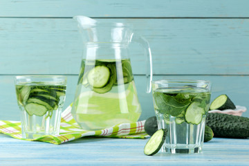 water with cucumber. Refreshing diet water with cucumber and mint in a glass beaker against a blue background. detox drink concept. summer refreshing drink.