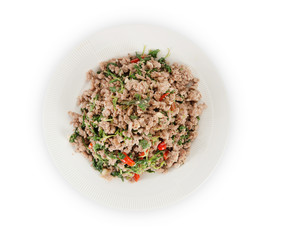 stir-fried pork and holy basil thai food on white background