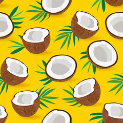 Seamless pattern coconut piece on yellow background, Vector illustration