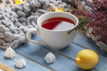 hot tea, meringues, lemons, warm scarf, garland