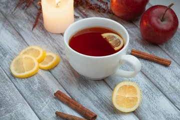 cinnamon, lemons, hot tea,  burning candles, heather
