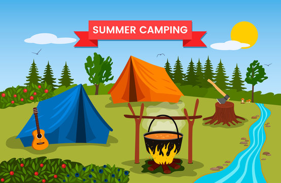 forest landscape sunny day in the summer camp. Nature, wood, bonfire, tent and guitar are symbols of green tourism. vector illustration. concept holidays in nature