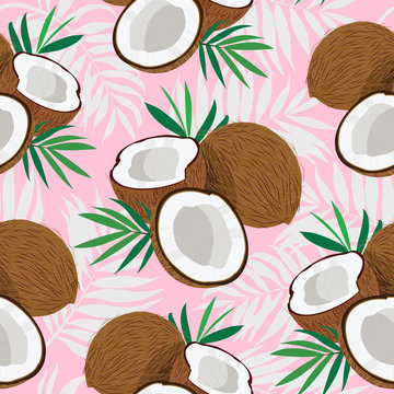 Seamless pattern whole coconut and piece with palm leaves on pink background, Vector illustration