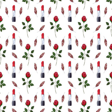 Beautiful summer watercolor fashion seamless pattern with red lipstick, rose and feathers for your design project (printing on fabric, wrapping paper, wallpaper, etc.)