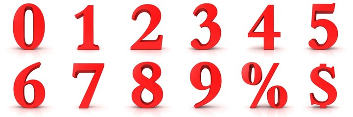 percent sign numbers 3d red 0 1 2 3 4 5 6 7 8 9 one two three four five six seven eight nine zero percentage icon dollar sign isolated