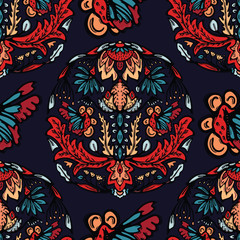 Boho flower mandala vector all over print.  Seamless repeating pattern swatch. Red black bohemian folk motif background. Hand drawn retro fashion prints 1970s style. Wzory wallpaper, lino cut   design