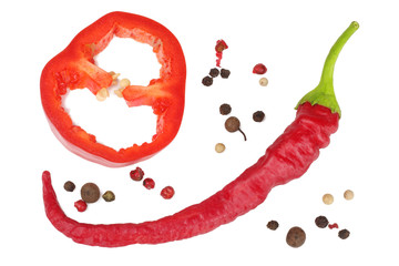 Pepper bitter and bell pepper on white background isolated, top view