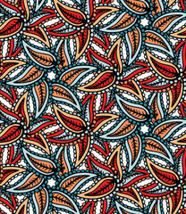 Boho leaves vector all over print.  Seamless repeating pattern swatch. Red black bohemian folk motif background. Hand drawn retro fashion prints 1970s style. Wzory wallpaper, lino cut surface design. 
