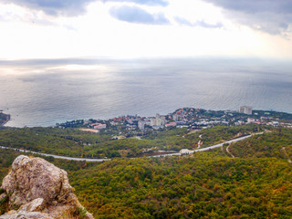 View of the Crimean mountains and the Black sea coast at autumn in Crimea