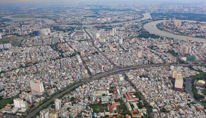 Fototapeta na wymiar modern cityscape of Ho Chi Minh city at Vietnam take by drone