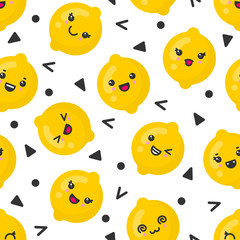 Cute smiling lemon fruits, vector seamless pattern on white background. Best for textile, backdrop, wrapping paper