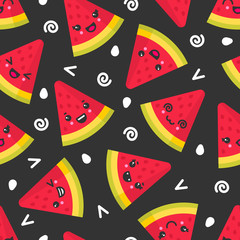 Cute smiling watermelon, vector seamless pattern on dark background. Best for textile, backdrop, wrapping paper