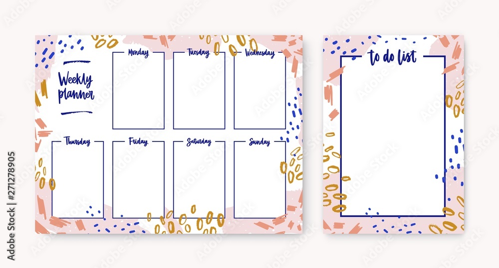 Poster Bundle of personal weekly planner and to-do-list templates with frame made of colorful smears, paint traces, scribble. Effective daily planning and scheduling. Creative artistic vector illustration.