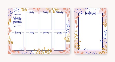 Bundle of personal weekly planner and to-do-list templates with frame made of colorful smears, paint traces, scribble. Effective daily planning and scheduling. Creative artistic vector illustration.