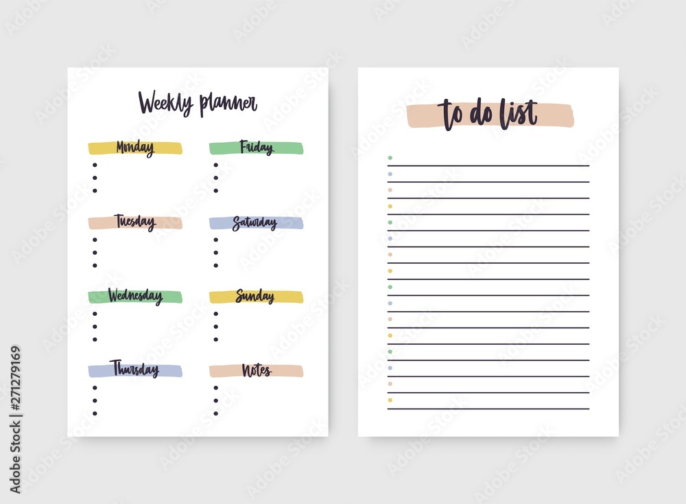Poster set of weekly planner and to-do-list templates with headings highlighted by paint traces. decorative