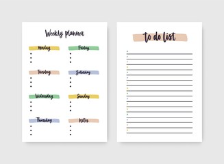 Set of weekly planner and to-do-list templates with headings highlighted by paint traces. Decorative daily plan, schedule, reminder or timetable. Printable sheet. Stylish vector illustration.