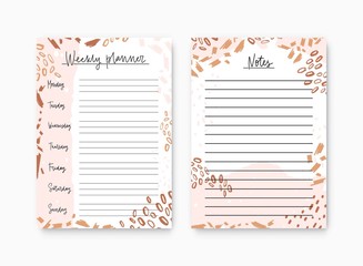 Bundle of weekly planner and notes page templates decorated by colorful artistic scribble, daub and paint stains. Plan, list of tasks, diary, event reminder for week. Modern vector illustration.