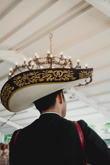 Obraz premium Mexican musician with his trumpet in the foreground, mariachis.