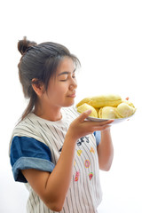 Asian woman with durian on white background.