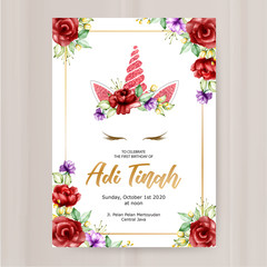 unicorn birthday and invitation card with floral wreath