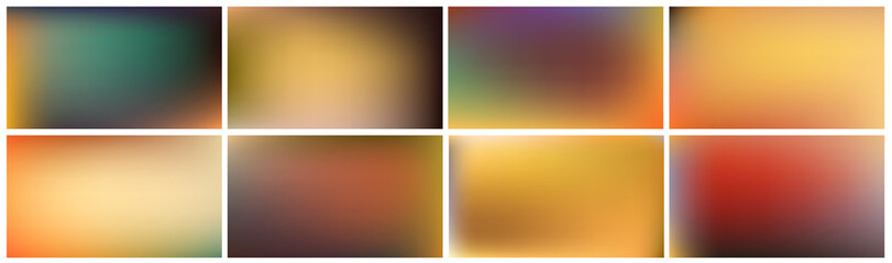 Set of colored backgrounds. Smooth and blurry abstract gradient for product presentation, brochure, flyer, poster, games, banner. Horizontal vector illustrations.