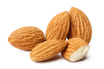 Close-up of delicious almonds, isolated on white background