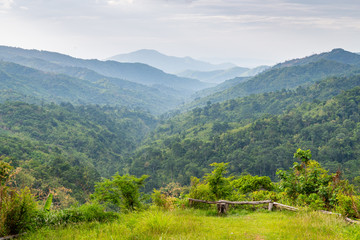 Fototapeta na wymiar Complexity of mountain and valley landscape and tree diversity of forest view from viewing platform