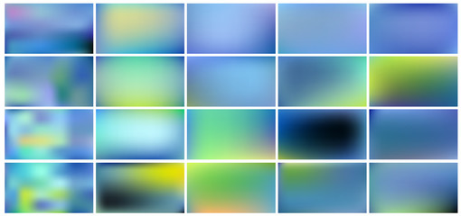 Set of blue abstract backgrounds. Smooth and blurry abstract gradient for product presentation, brochure, flyer, poster, banner. Horizontal vector illustrations.