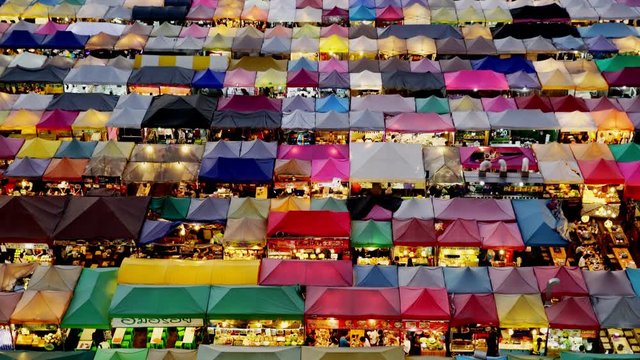 Night market called train night market Ratchada bird eye view, people can enjoy many kind of street food, located at back of Esplanade Ratchadapisek Department store, Bangkok, Thailand, Lockdown.