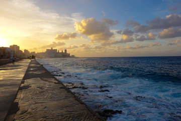 Colroful sunset at Malecon, the famous Havana promenades in Havana, Cuba