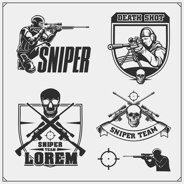 Sniper emblems for sport team. Sniper club labels and design elements. Print design for t-shirt.