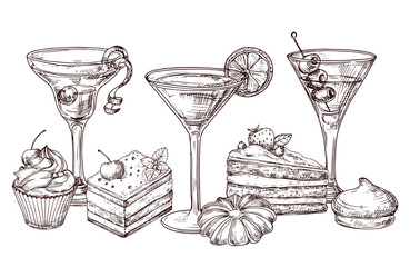 Hand drawn desserts and soft cocktails vector isolated on white background. Illustration of cocktail drink and cake desserts drawing
