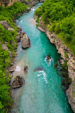 Montenegro, Crystal clear clean waters of moraca river flowing through green nature landscape paradise of moraca canyon