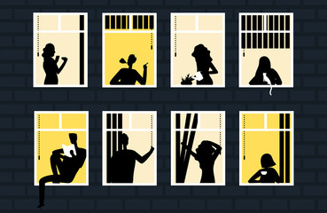 Brick house with night windows with people silhouettes vector illustraton. House building window, city evening views, living different action