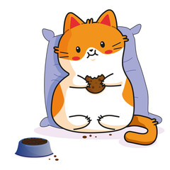 Cute Cat: eating holding cookie. kitty, kitten characters in vector, cartoon illustrations. As sticker, emoji, emoticon