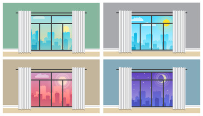 Daytime cityscape. Morning, day and night city skyline landscape, town buildings