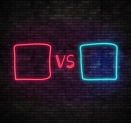 Versus screen in neon style. Blinking futuristic neon VS frames light on brick wall. Neon banner Announcement of two fighters. Competition match game, martial battle sport. 3d render