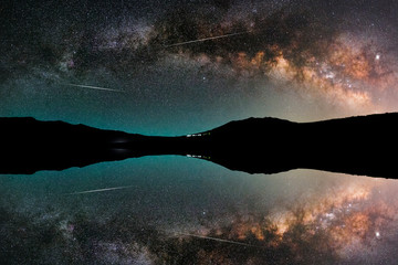 The space of the universe. Beautiful panoramic view of the Milky Way galaxy reflection.