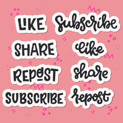 Subscribe, Like, Share, Repost hand lettered words