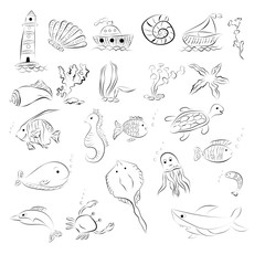 Obraz premium sketch of sea animals on a white background.