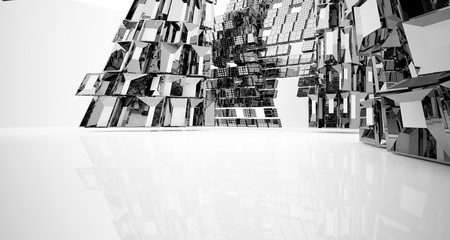 Abstract white and black interior multilevel public space with window. 3D illustration and rendering.